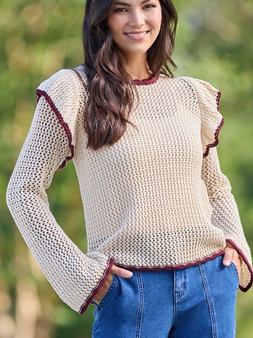 Cato Cream Open-Knit Sweater with Burgundy Scallop Trim